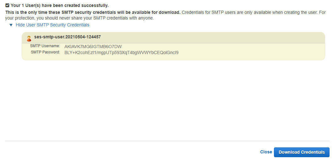 Generated smtp credential